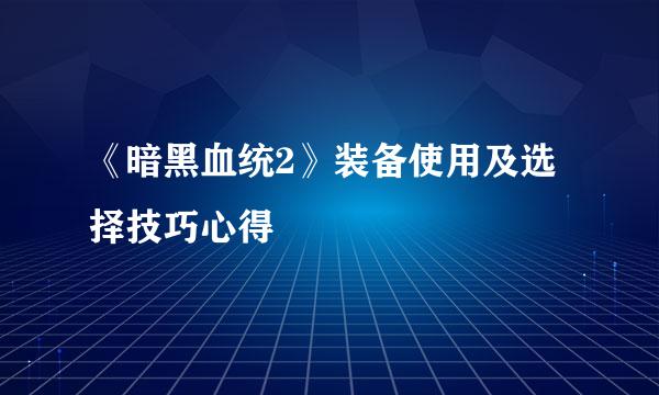 《暗黑血统2》装备使用及选择技巧心得